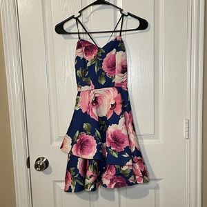 navy blue and pink strapless floral dress